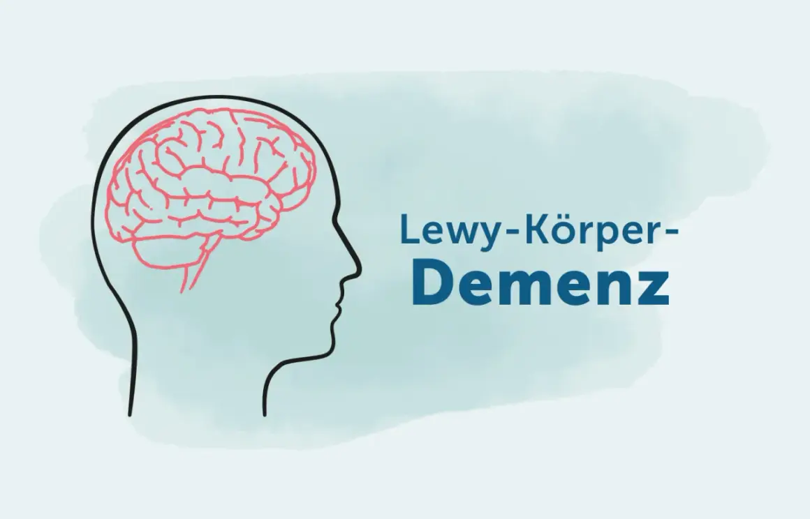 Profil eines Kopfes mit Gehirn. Text: Lewy-Körper-Demenz. Erfahrungsberichte gesucht.