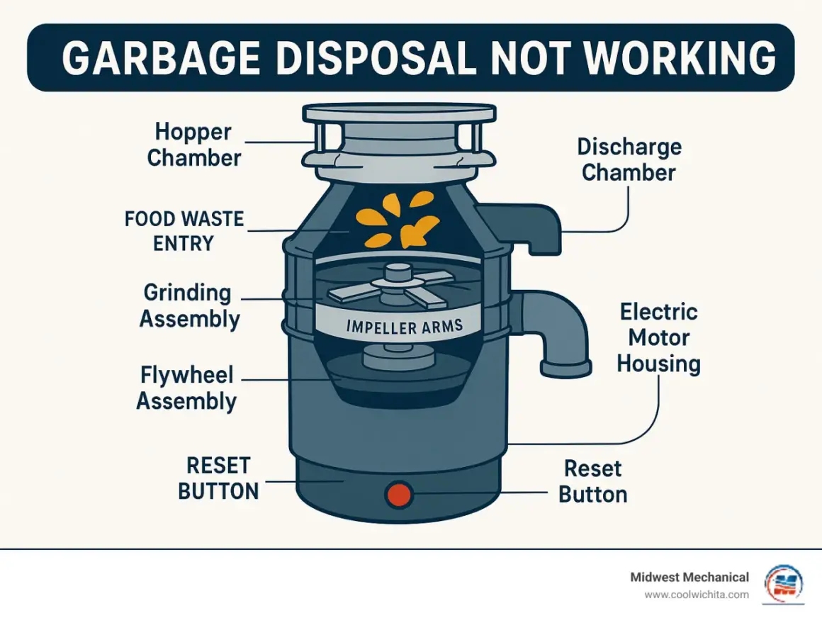 Diagram showing garbage disposal parts: hopper, grinding assembly, and reset button. Learn how to fix garbage disposal issues with this visual guide.