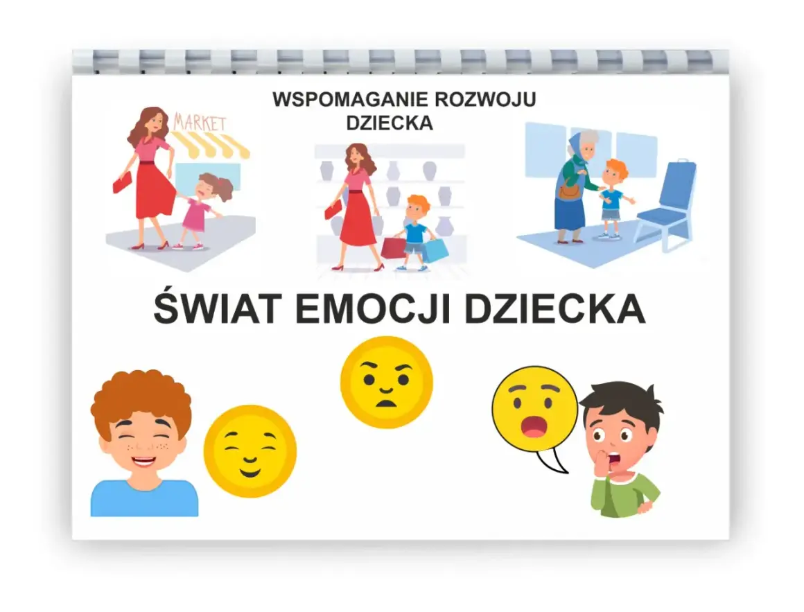 Ilustracje pokazują różne emocje dziecka w codziennych sytuacjach. Radość, zdziwienie, złość – świat emocji dziecka.