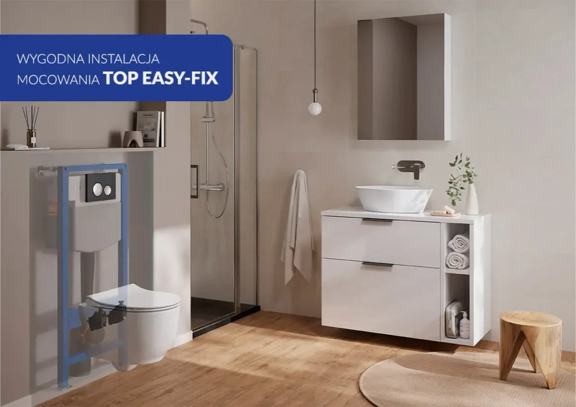Nowoczesna łazienka z miską WC i ukrytym stelażem. Montaż miski WC z ukrytym mocowaniem TOP EASY-FIX to proste rozwiązanie.