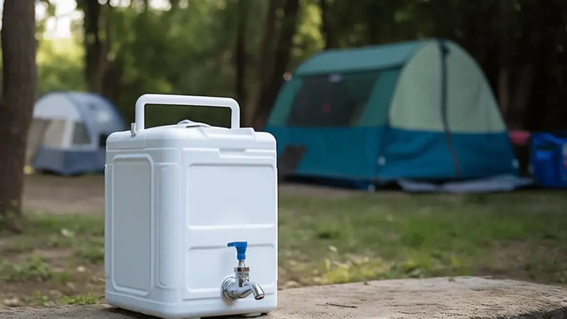 Weiße Wasserkanister mit Zapfhahn, ideal für Camping. BPA-frei, ohne Weichmacher, für sicheres Trinken.