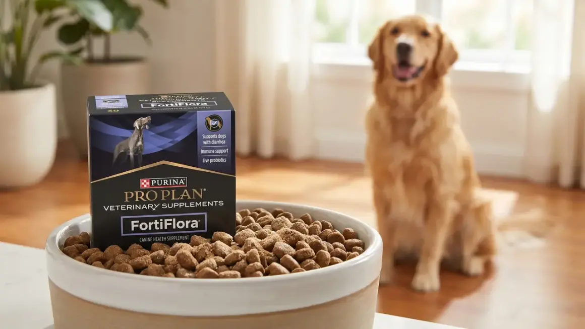 Caja de Pro Plan FortiFlora para perros, que sirve para el apoyo digestivo e inmune. Un golden retriever sonriente espera cerca.