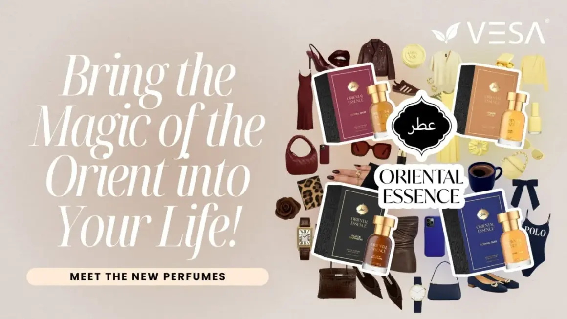 Kolekcja perfum Oriental Essence, inspirowana magią Orientu. Eleganckie flakony, ubrania i akcesoria tworzą luksusową kompozycję.