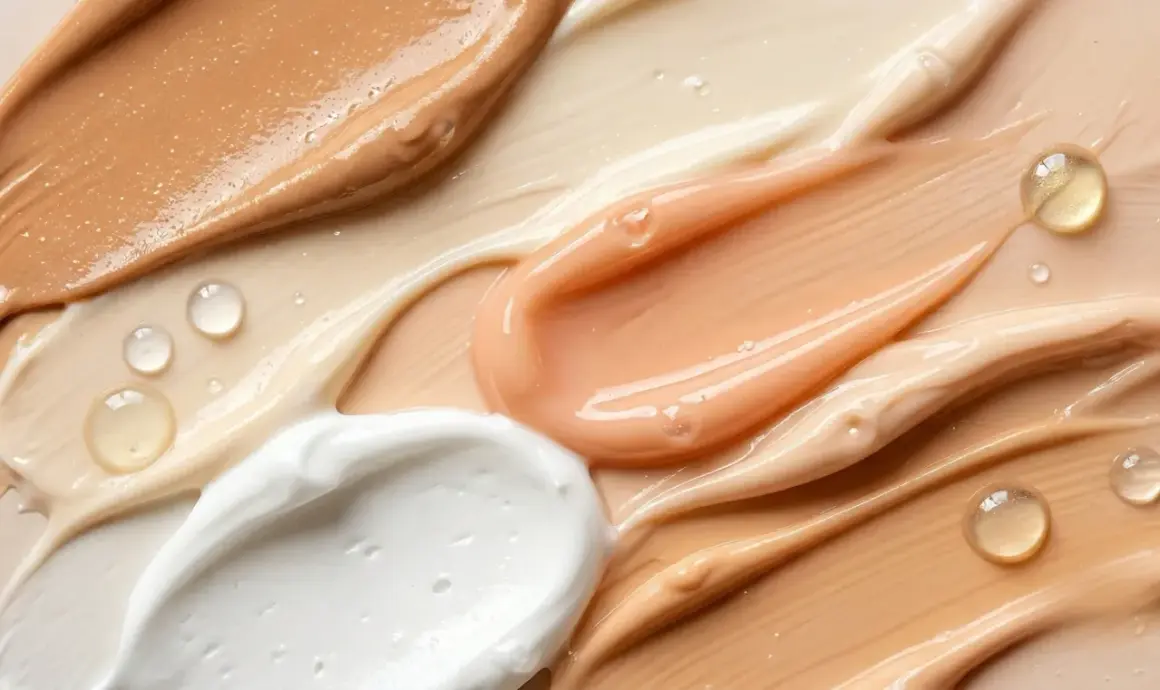 Texturen von cremiger weißer, pfirsichfarbener und beiger Feuchtigkeitscreme mit glänzenden Tropfen.
