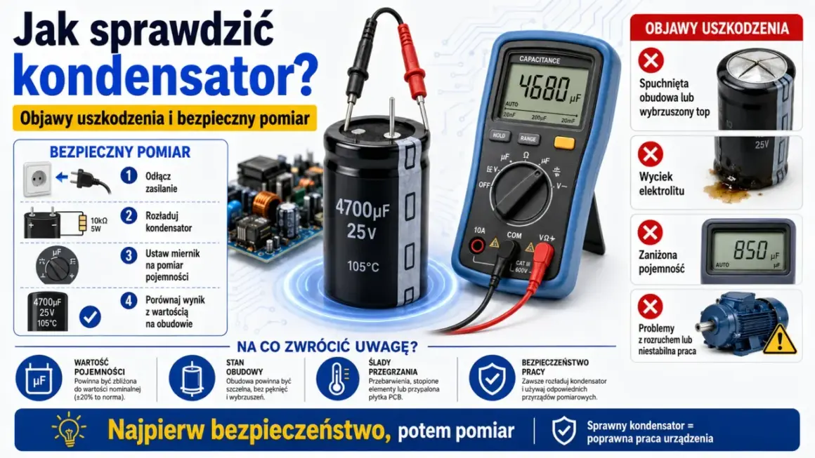 Uszkodzony kondensator rozruchowy objawy: spuchnięta obudowa, wyciek elektrolitu, zaniżona pojemność. Sprawdź go miernikiem.