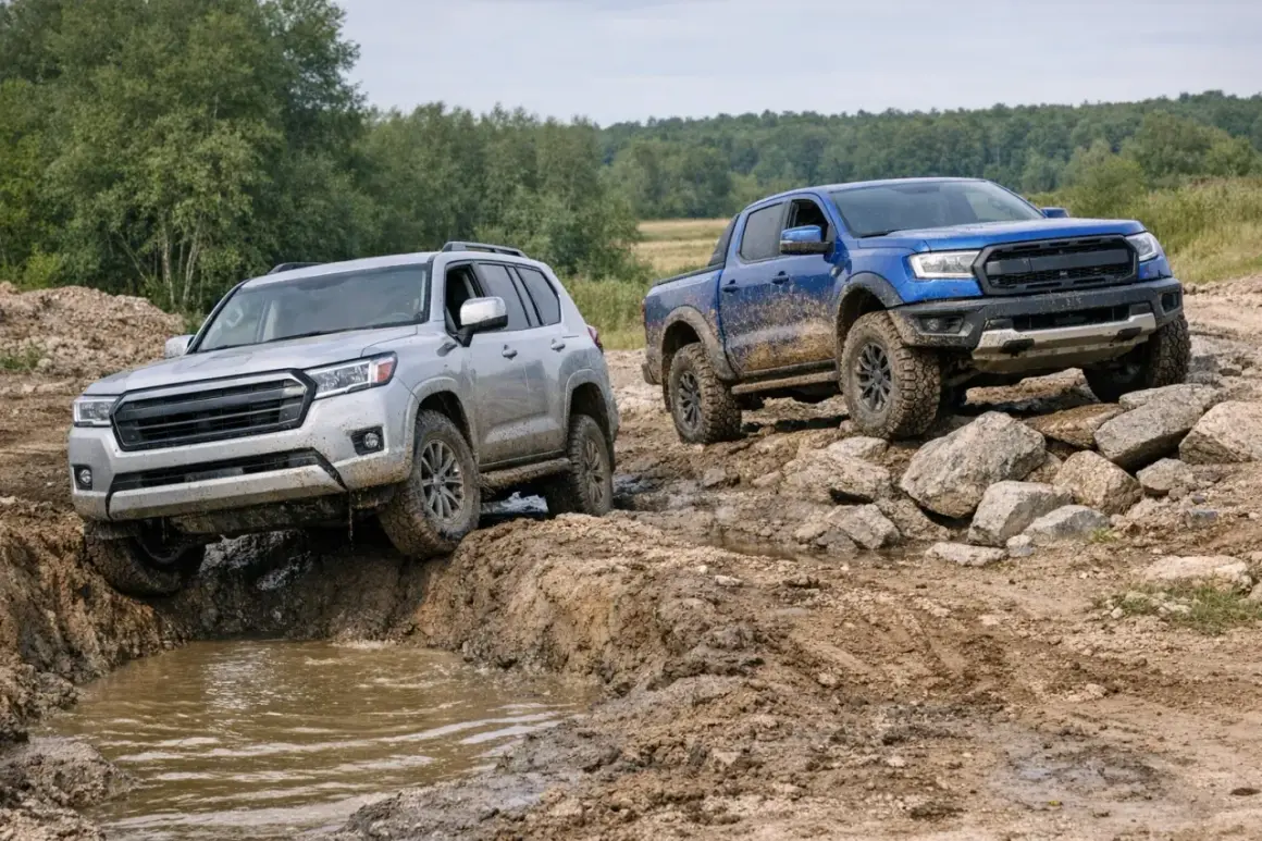 Srebrny SUV i niebieski pickup, dwa potężne samochody terenowe, pokonują błotniste przeszkody i kamienisty teren.