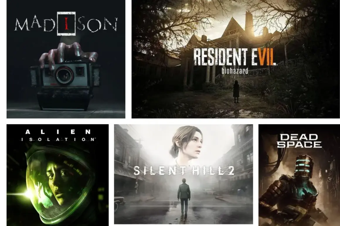 Kolaż okładek gier: Madison, Resident Evil 7, Alien Isolation, Silent Hill 2, Dead Space – to najstraszniejsze gry na świecie.