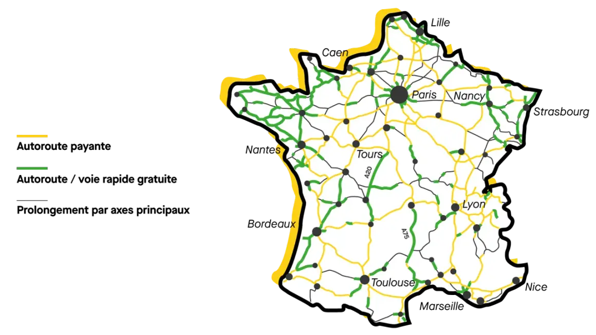 Carte de France montrant les autoroutes payantes (jaune) et l'autoroute sans péage (vert).