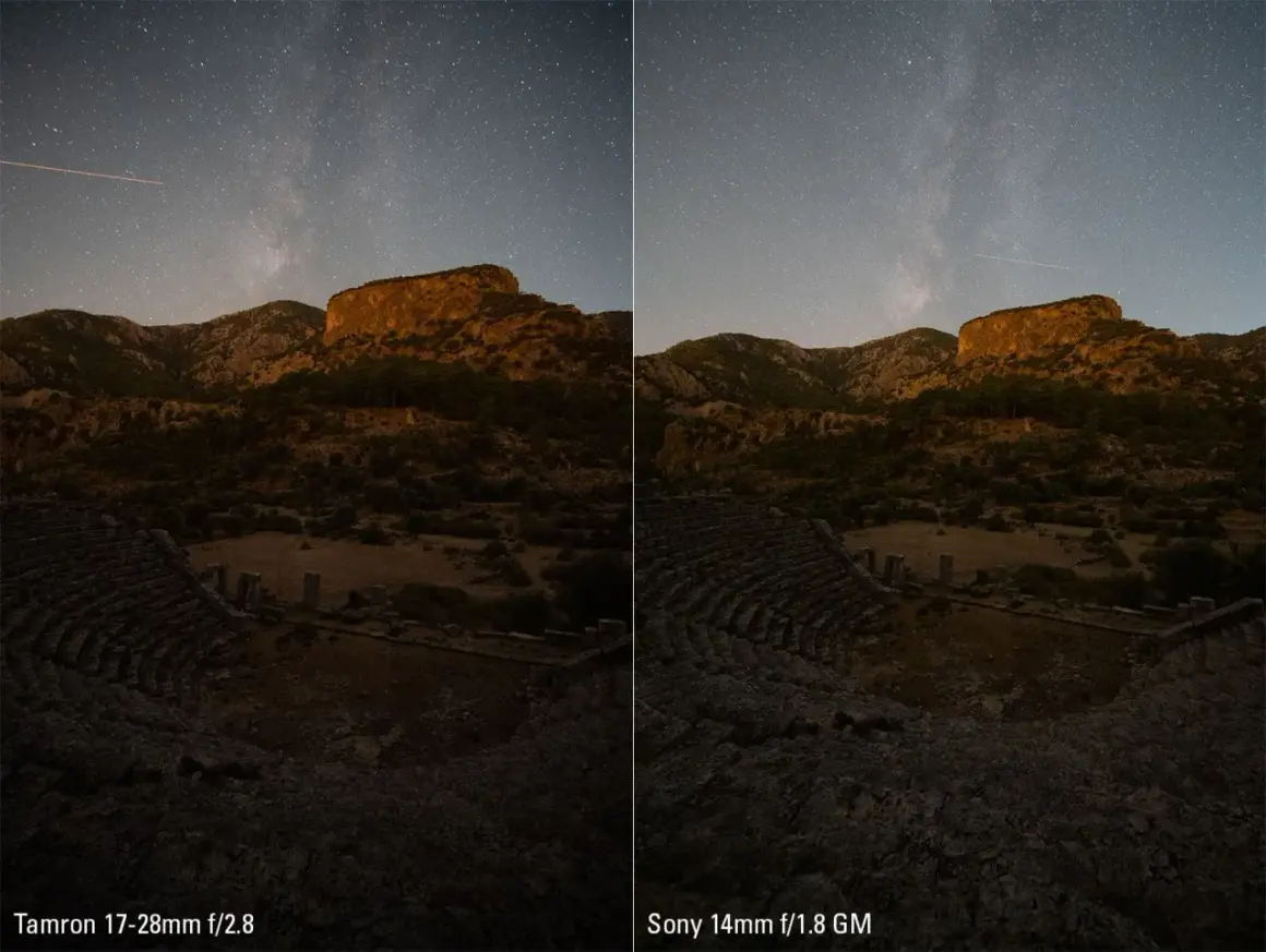 Side-by-side comparison: zoom lens vs wide lens captures a starry night sky over ancient ruins. The wide lens shows more of the expansive landscape.