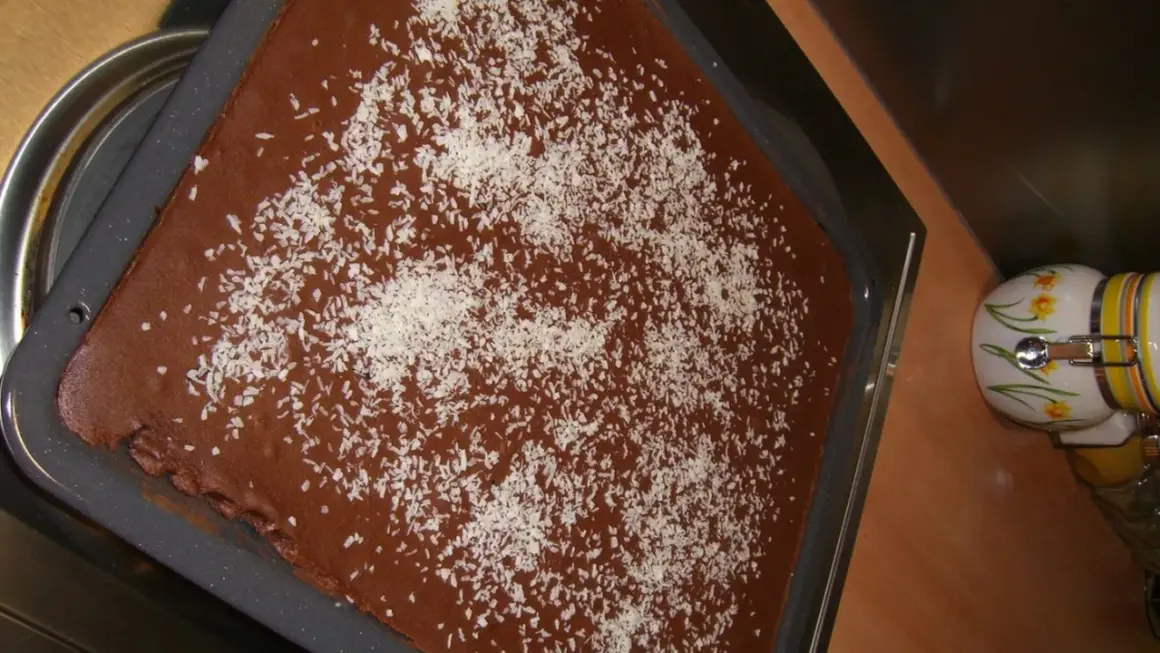 Schokoladenkuchen mit Kokosraspeln bestreut, bereit für einen Klecks saure Sahne.