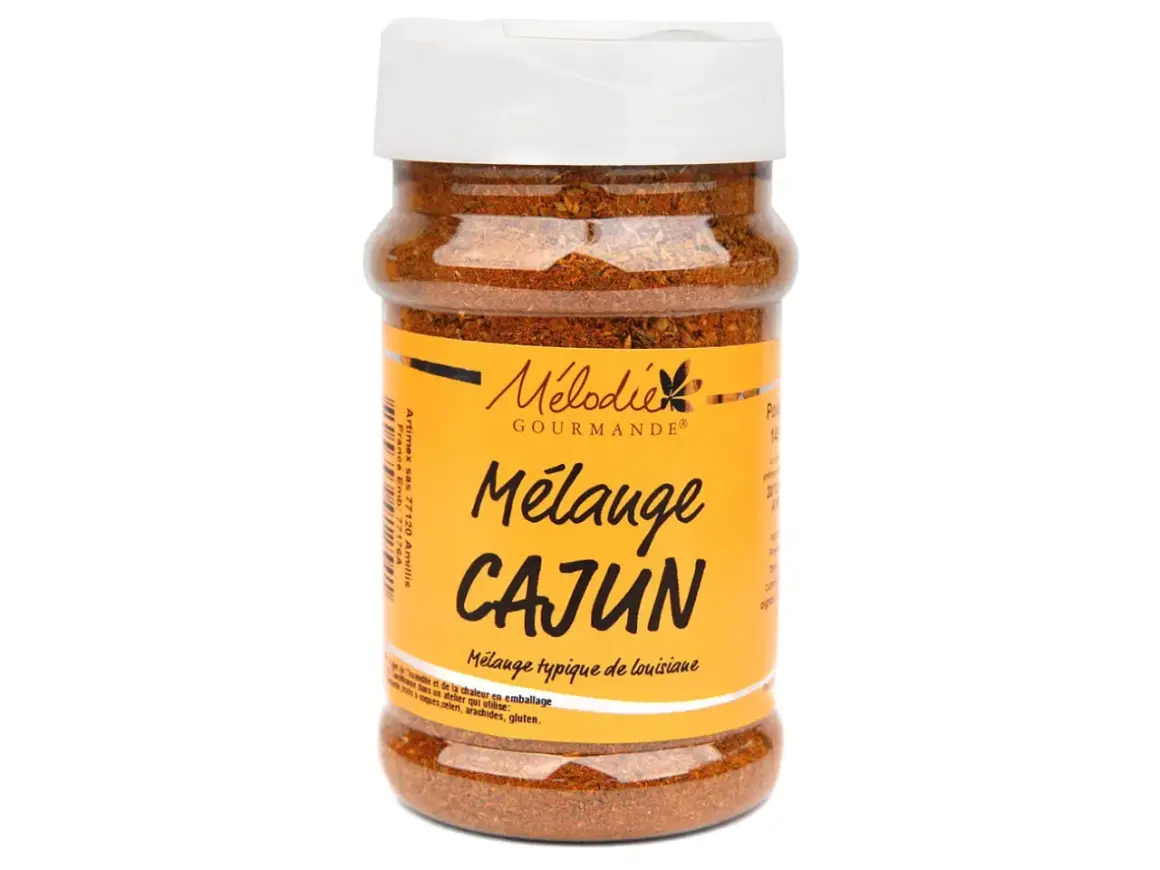 Bouteille de mélange d'épice cajun de la marque Mélodie Gourmande, typique de Louisiane.