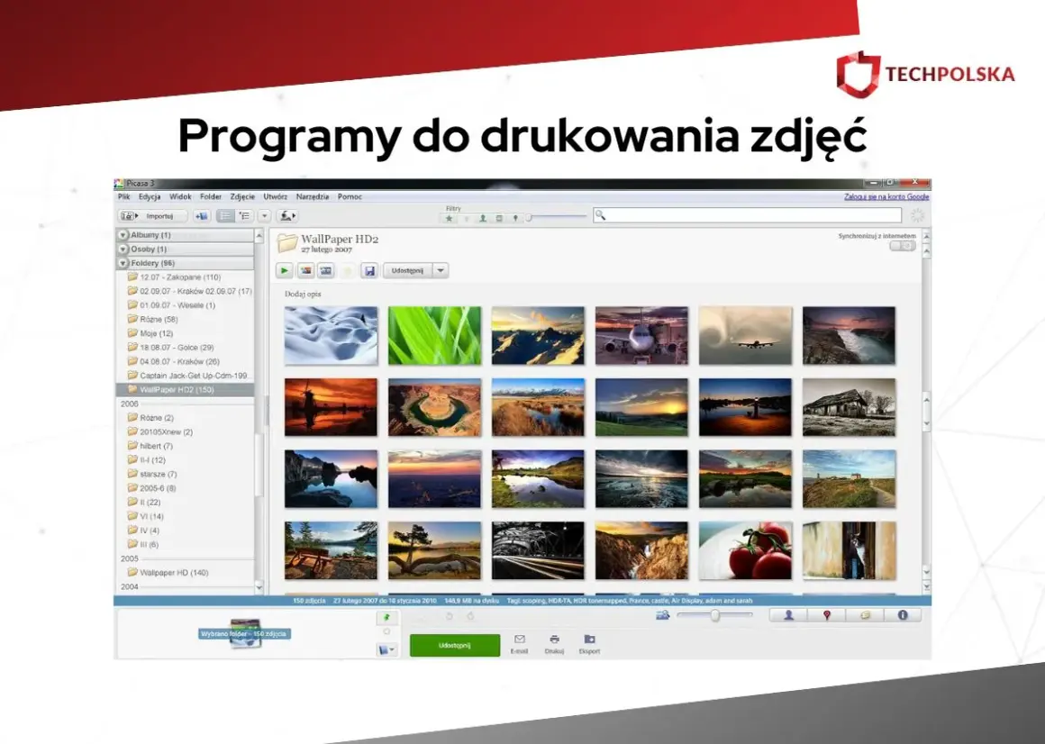 Programy do drukowania zdjęć: Picasa wyświetla galerię zdjęć z widokiem folderów i miniaturami, gotowymi do druku.