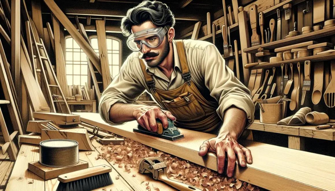 Falegname con occhiali protettivi usa una pialla per sverniciare mobile legno. Trucioli di legno ovunque, attrezzi appesi alle pareti.