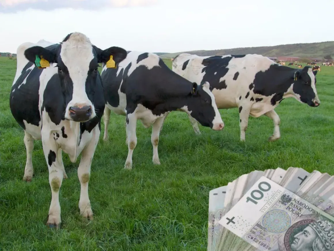 Krowy na łące i stos banknotów 100 zł. Czy to odzwierciedla aktualną cenę mleka w skupie?