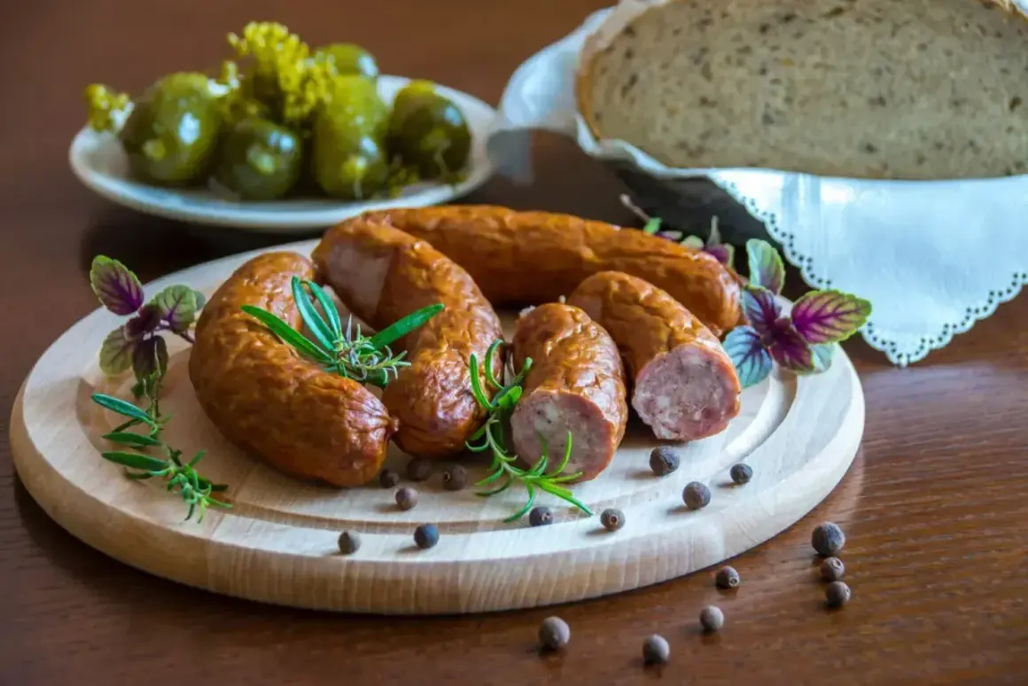 Wędzona kiełbasa na desce z ziołami i pieprzem. Idealna do chleba i ogórków. Zastanawiasz się, jaka sól do kiełbasy? Ta wygląda apetycznie!