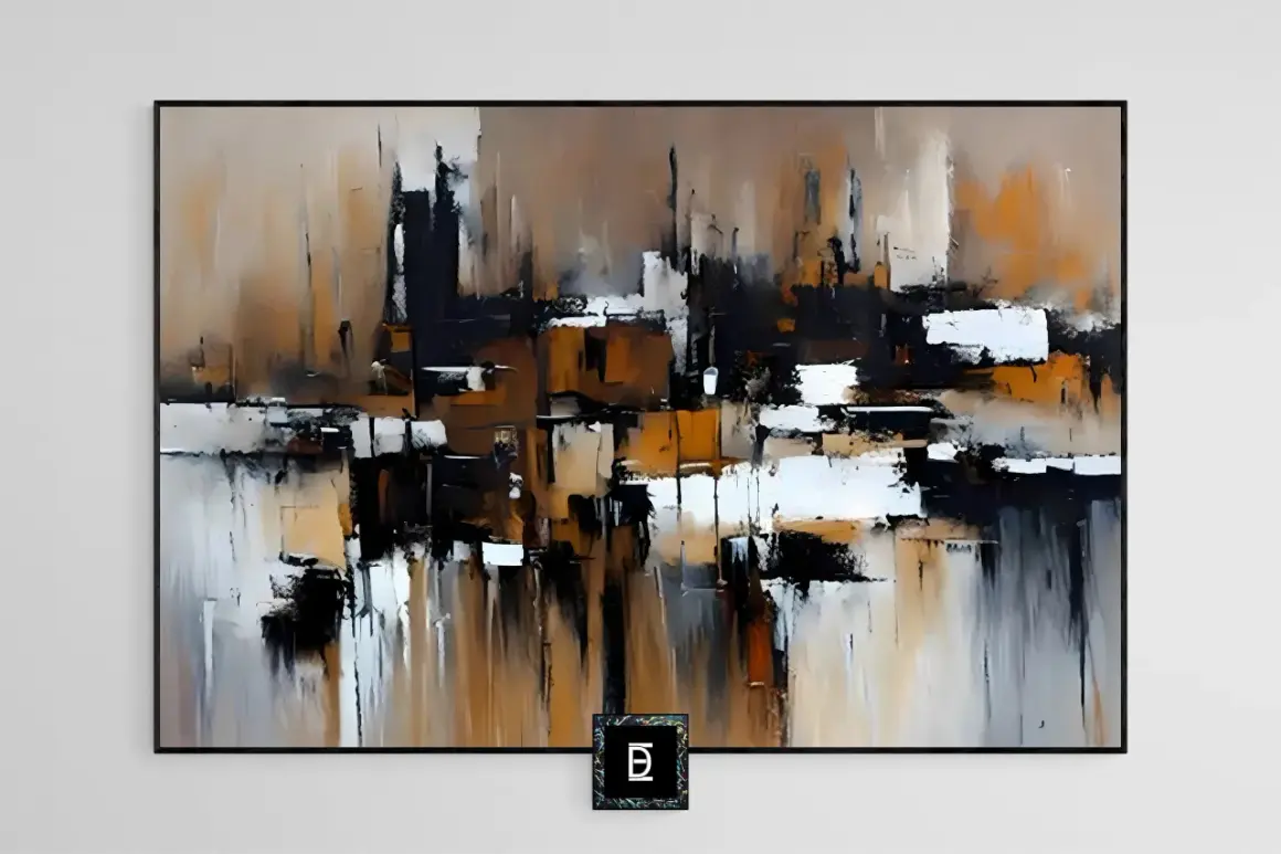 Abstract expressionist painting with bold strokes of black, white, and earthy tones, evoking the spirit of American abstract expressionist artists.