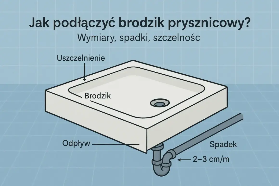 Ilustracja pokazuje podłączenie brodzika do odpływu. Widoczny jest brodzik, uszczelnienie, odpływ oraz spadek rury 2-3 cm/m.
