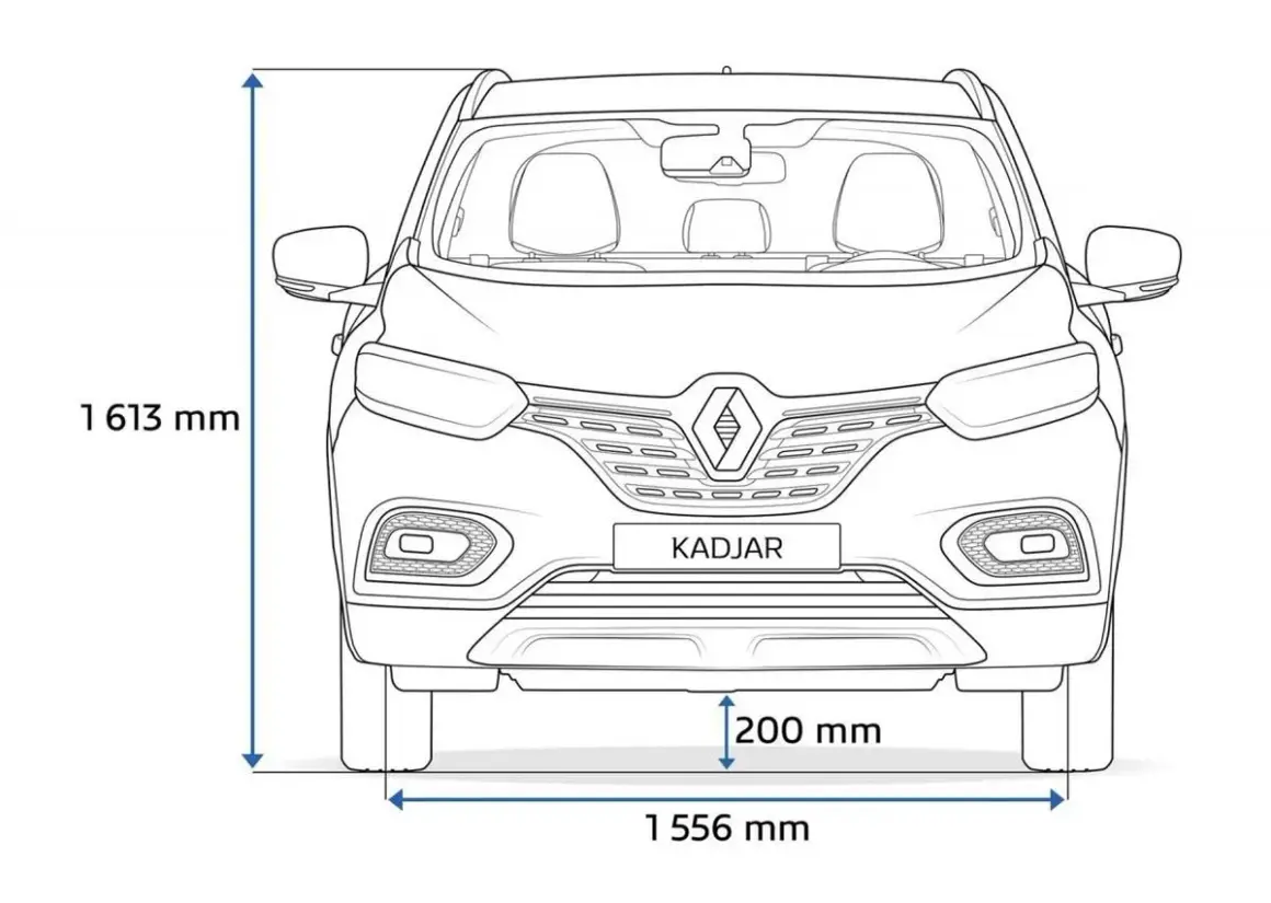 Renault Kadjar wymiary: wysokość 1613 mm, szerokość 1556 mm, prześwit 200 mm.