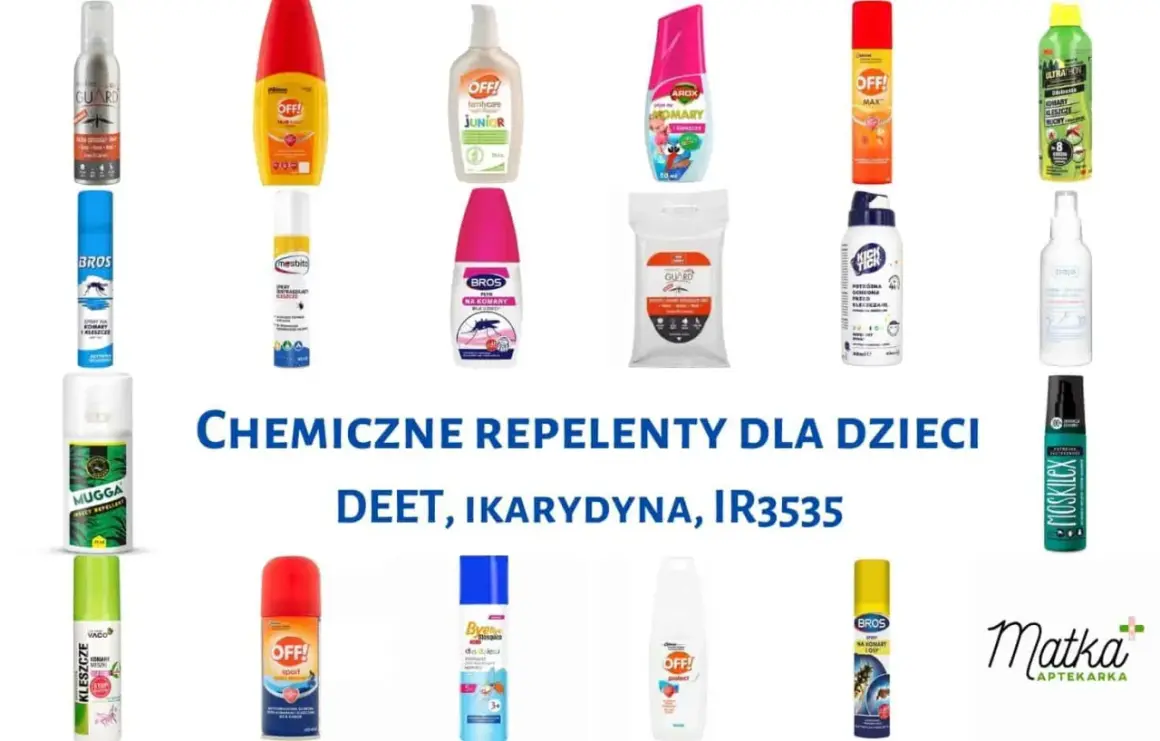Kolekcja różnych środków odstraszających owady, w tym repelenty dla dzieci z DEET, ikarydyną i IR3535.
