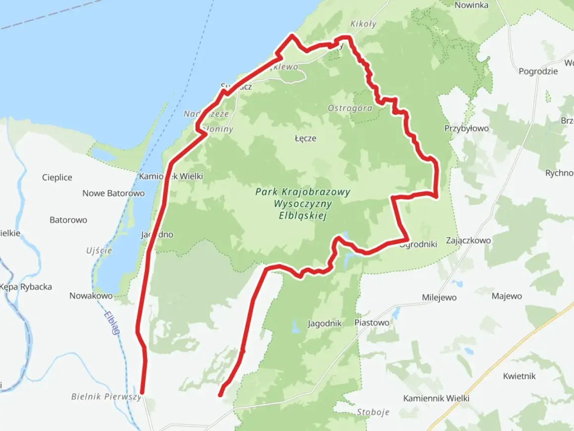 Trasa rowerowa wokół Parku Krajobrazowego Wysoczyzny Elbląskiej, blisko Elbląga i Mierzei Wiślanej.