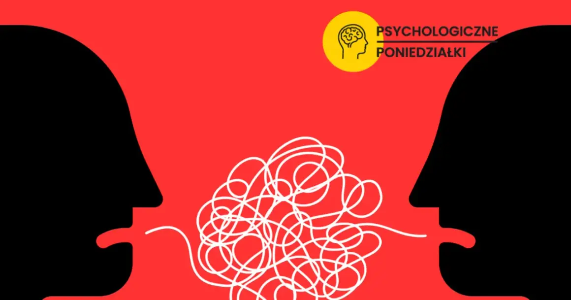 Dwie sylwetki twarzy połączone splątaną linią, symbolizujące trudną komunikację.