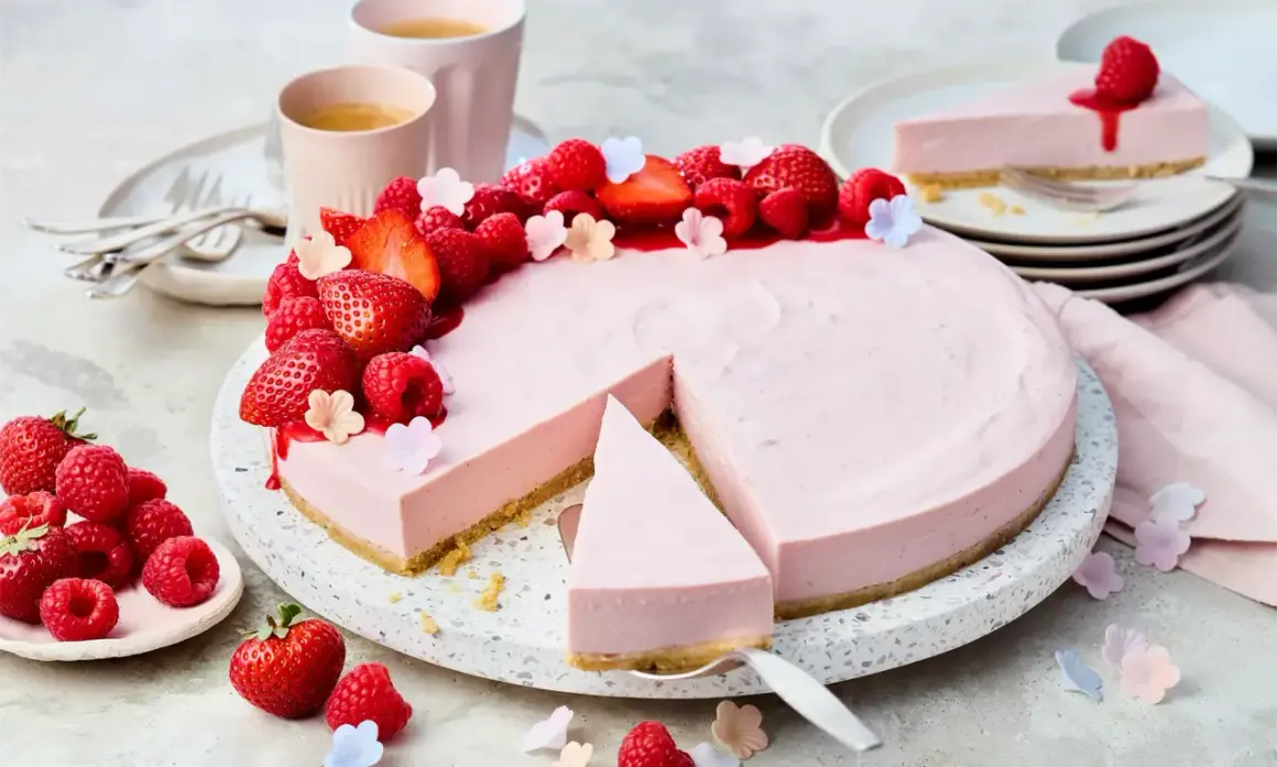 Ein köstlicher Erdbeer-Cheesecake ohne Backen, dekoriert mit frischen Beeren und kleinen Blüten. Perfekt für den Sommer!
