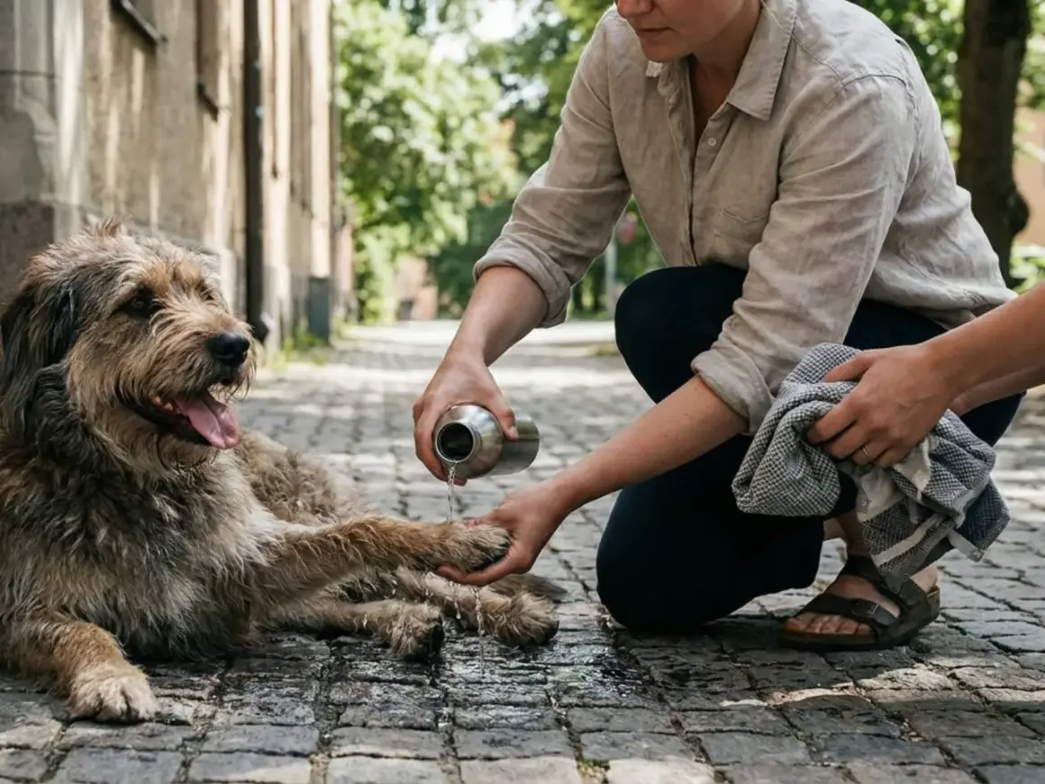 En person häller vatten på en gammal hund som flåsar på en kullerstensgata. Hunden ser trött ut men uppskattar svalkan.