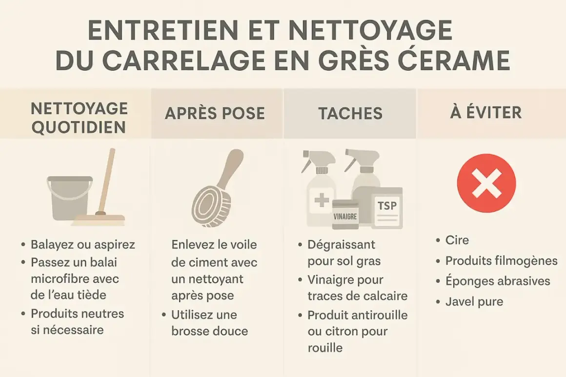 Guide pour nettoyer grès cérame encrassé : entretien quotidien, après pose, taches et produits à éviter.