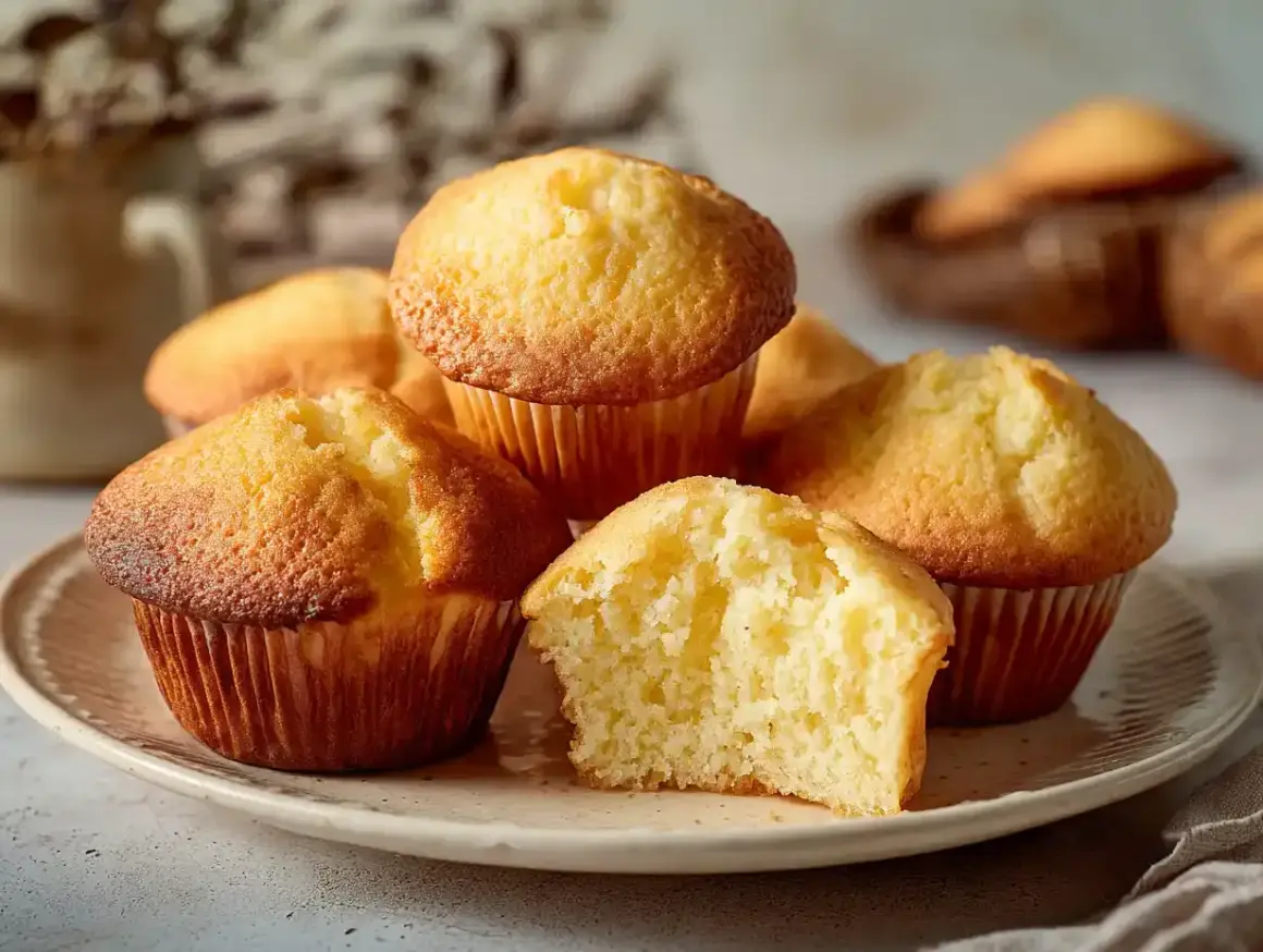 En tallrik med gyllene muffins, ett perfekt muffins recept. En är uppskuren och visar en fluffig insida.