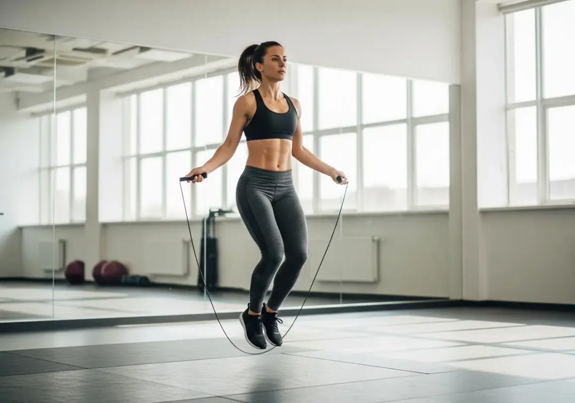 Femme en tenue de sport faisant un exercice corde à sauter dans une salle de sport lumineuse, avec des miroirs et de grandes fenêtres.