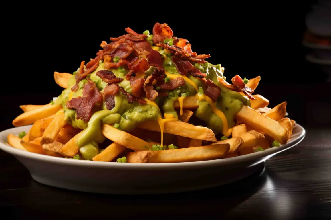 En hög med pommes frites toppad med ostsås, guacamole och knaprigt bacon. Dessa "dirty fries" ser otroligt goda ut!