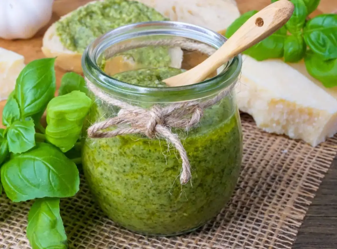 Frisches Pesto im Glas, zubereitet mit dem Thermomix, daneben Basilikum, Parmesan und Brot.