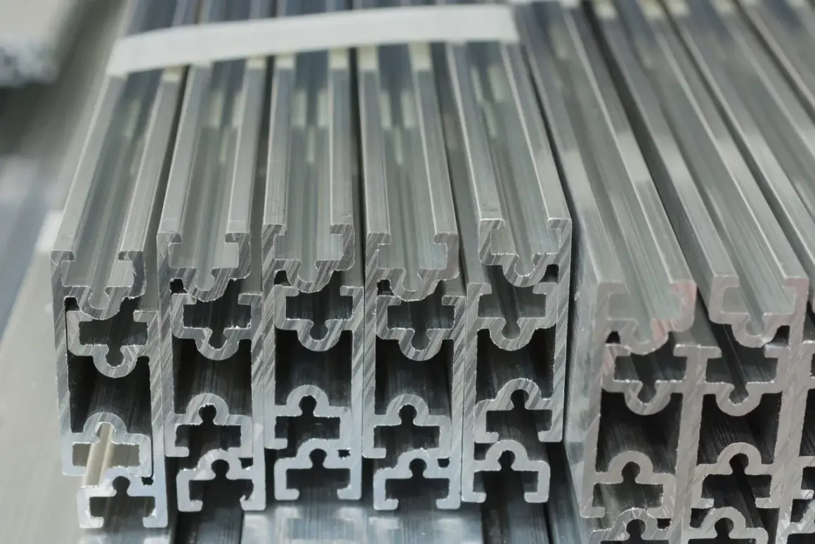Profili in alluminio estrusi, pronti per essere lavorati o assemblati. La finitura superficiale è liscia, ideale per chi deve sverniciare alluminio per successive verniciature.