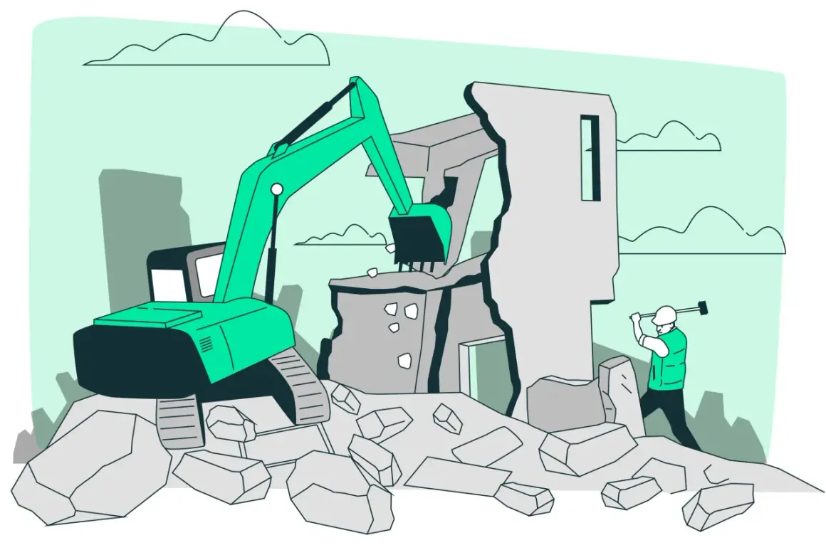 Escavatore demolisce edificio. Lavoratore con martello. Scadenza durata permesso di costruire 5 anni.