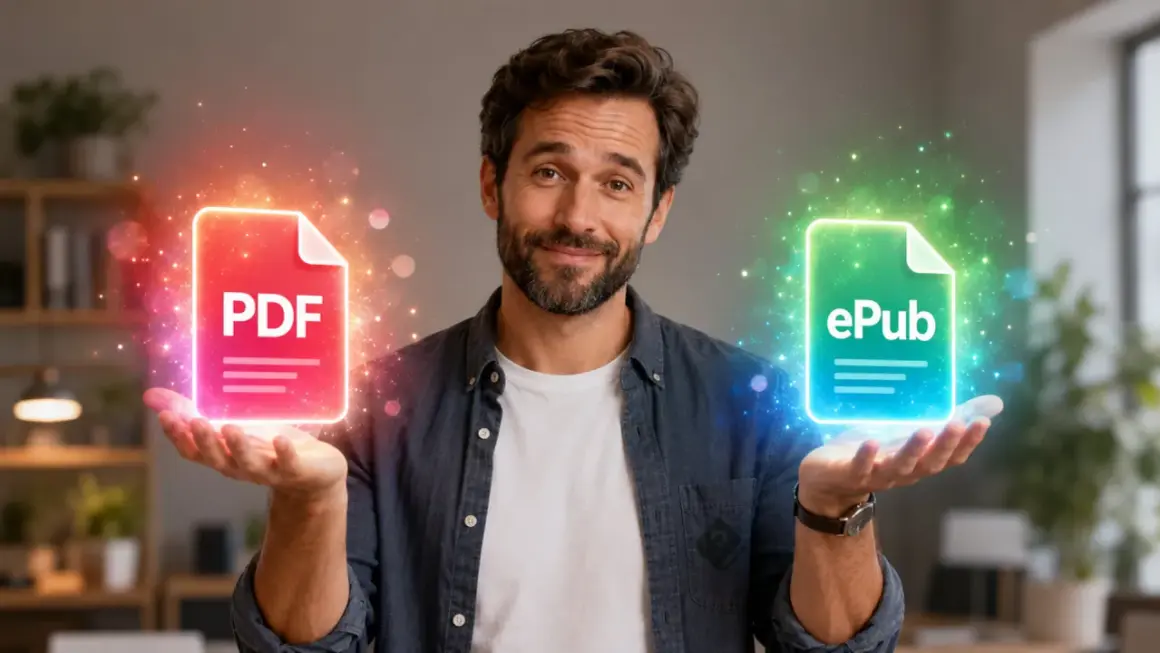 Un homme présente un PDF rouge et un ePub vert, symbolisant la version numérique définition.