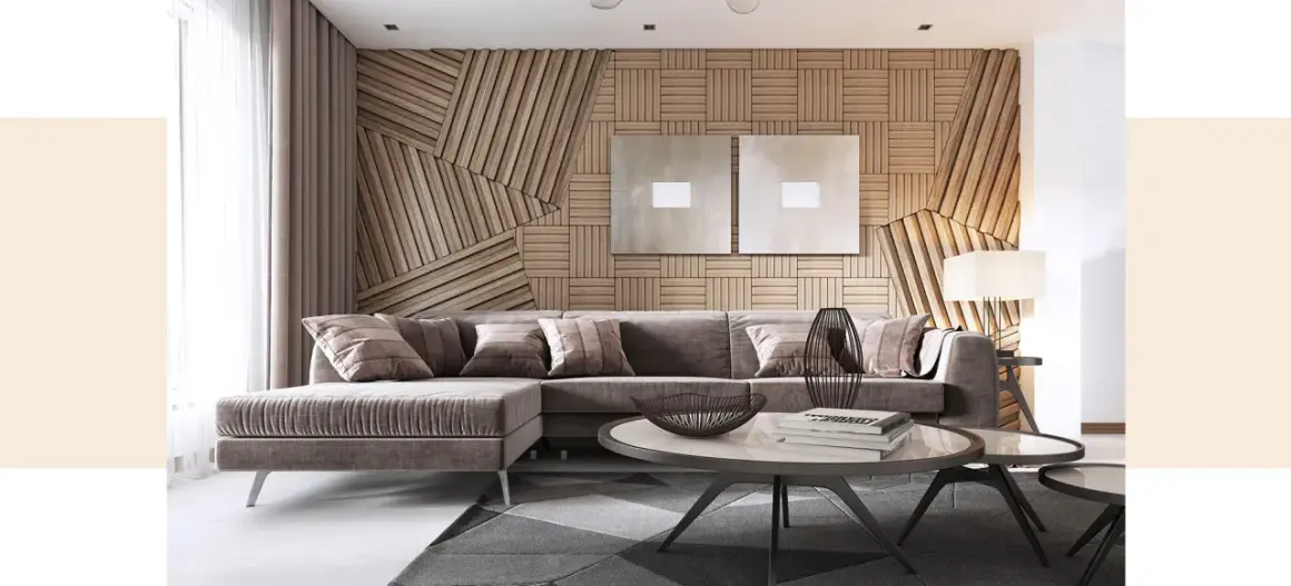 Moderne Wohnzimmer streichen Ideen: Gemütliche Sofagruppe vor einer Wand aus Holzlamellen mit zwei quadratischen Bildern.