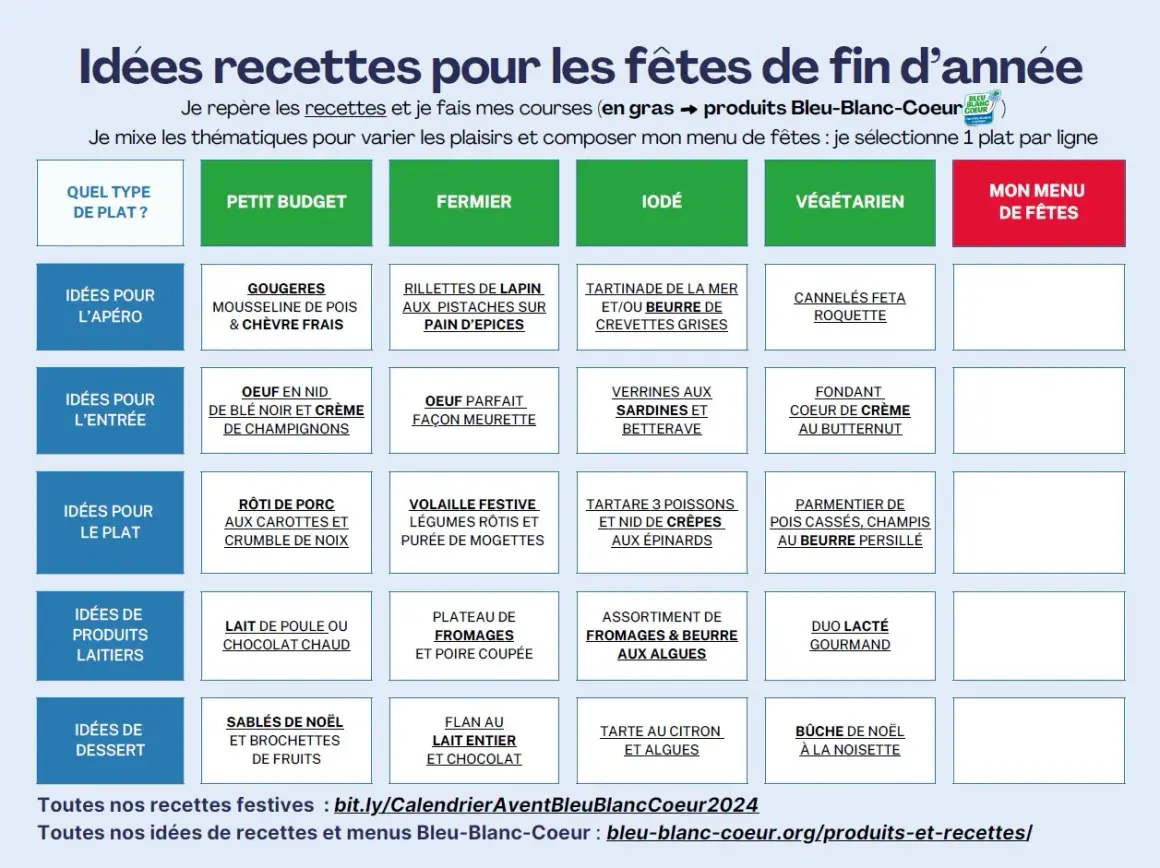 Tableau d'idées recettes pour les fêtes de fin d'année, proposant un menu diététique semaine par semaine, classé par type de plat et thématique.