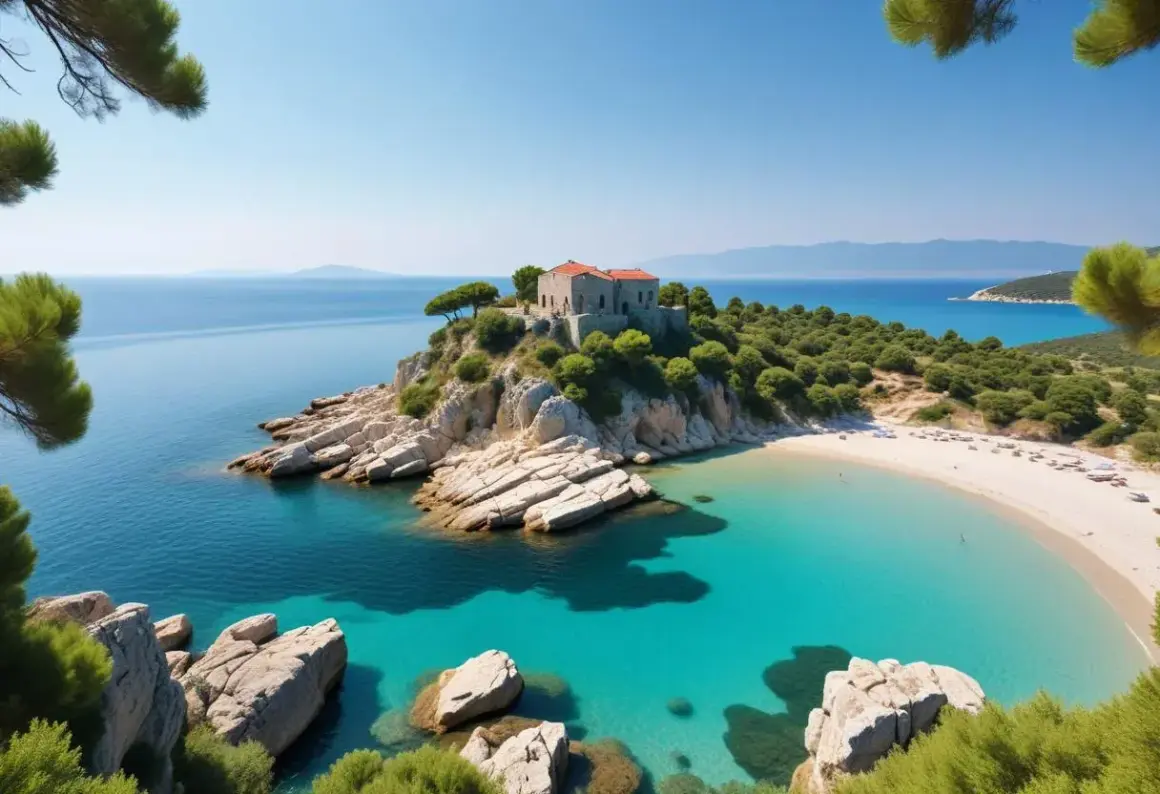 En pittoresk vik med turkost vatten och en sandstrand på Halkidiki, Grekland. En gammal byggnad tronar på en klippa vid havet.
