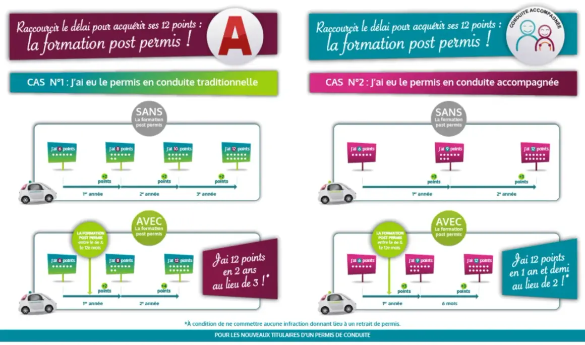 Schéma comparant les gains de points pour les jeunes conducteurs, avec ou sans stage perfectionnement conduite jeune conducteur.