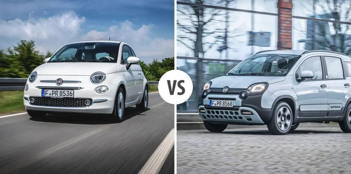 Porównanie białego Fiata 500 i szarego Fiata Panda Cross. Sprawdź fiat 500 wymiary i porównaj z Pandą.