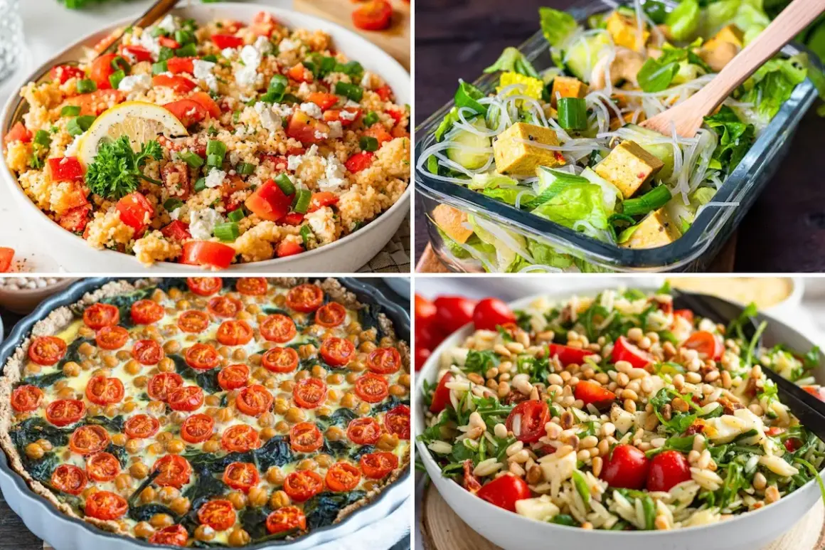 Vier leckere Gerichte: Couscous-Salat, Tofu-Nudelsalat, Quiche mit Tomaten und Kichererbsen, Orzo-Salat. Perfekt als kaltes Mittagessen zum Mitnehmen.