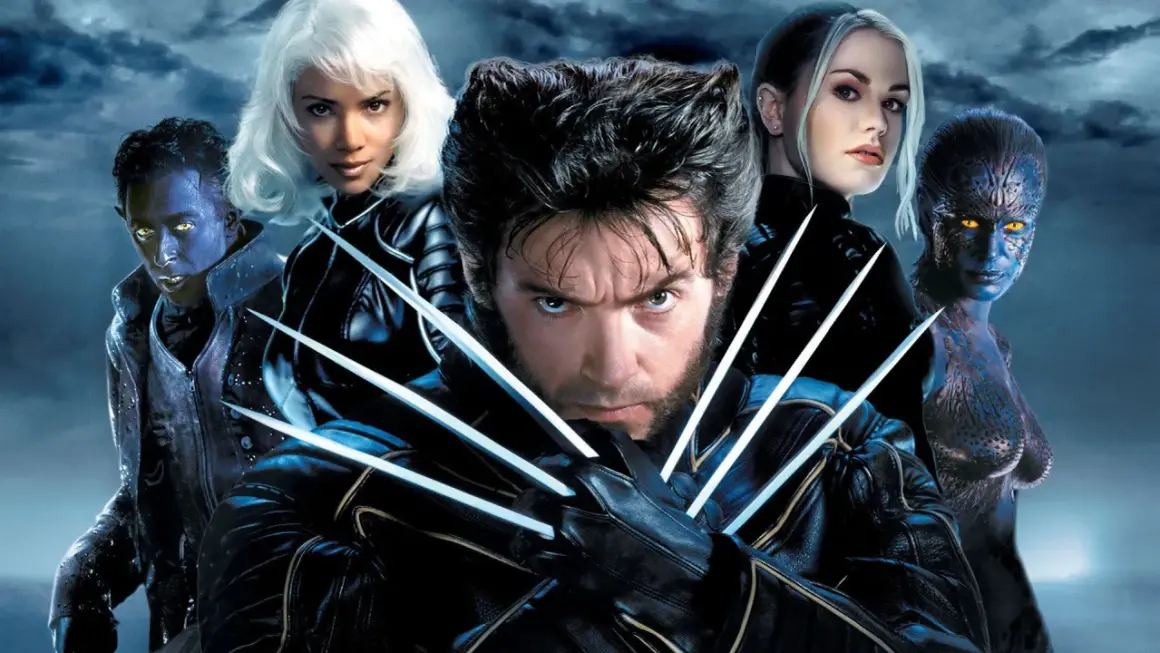 Wolverine z pazurami na pierwszym planie, a za nim inni mutanci: Nightcrawler, Storm, Rogue i Mystique. Zapowiedź filmu o mutantach.