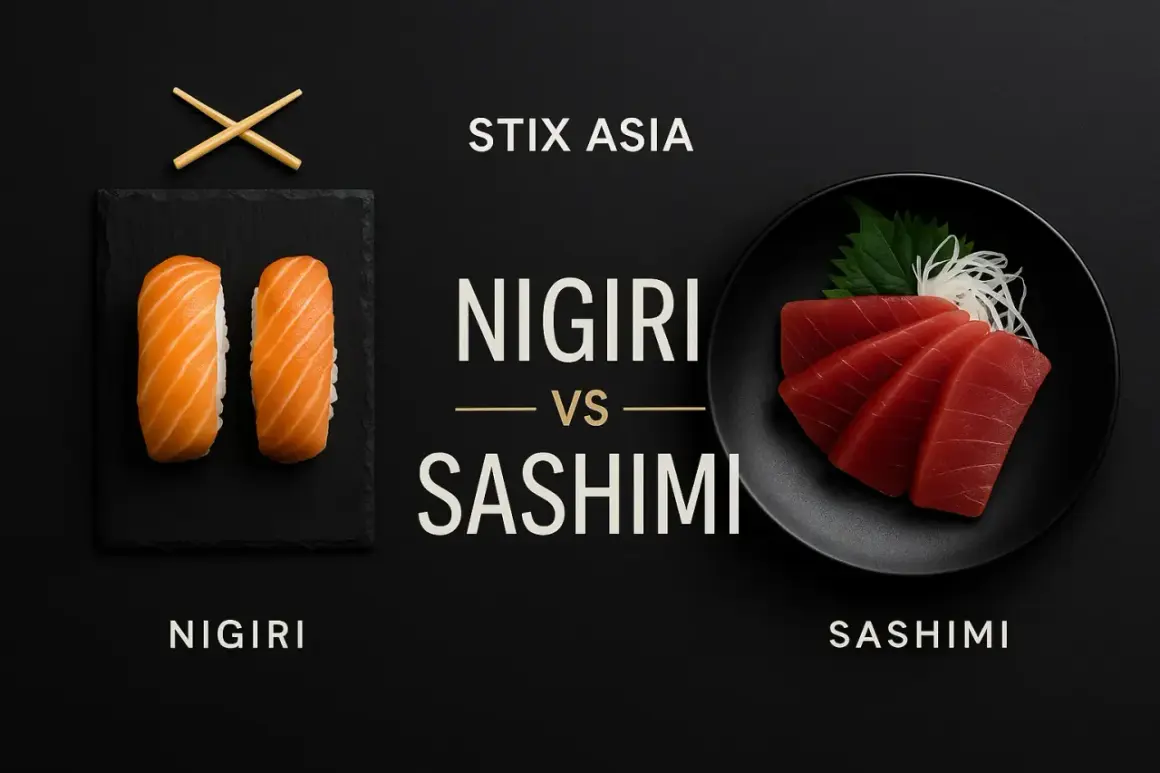 Nigiri mit Lachs auf Reis vs. Sashimi aus Thunfisch. Ein visueller Vergleich von Nigiri vs. Sashimi.