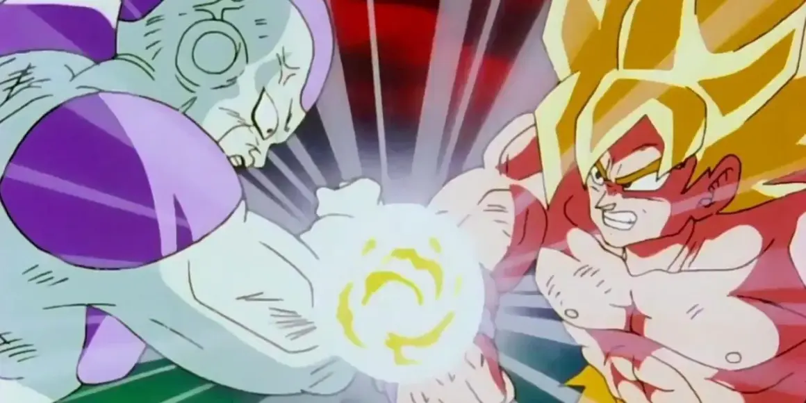 Zacięta walka Goku vs Frieza. Obaj wojownicy napinają mięśnie, przygotowując się do potężnego ataku energetycznego.