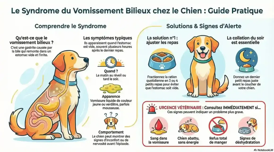 Guide sur le vomissement bilieux chez le chien. Symptômes : vomissures jaunes, léthargie, refus de manger. L'insuffisance hépatique chez le chien peut présenter des symptômes similaires.