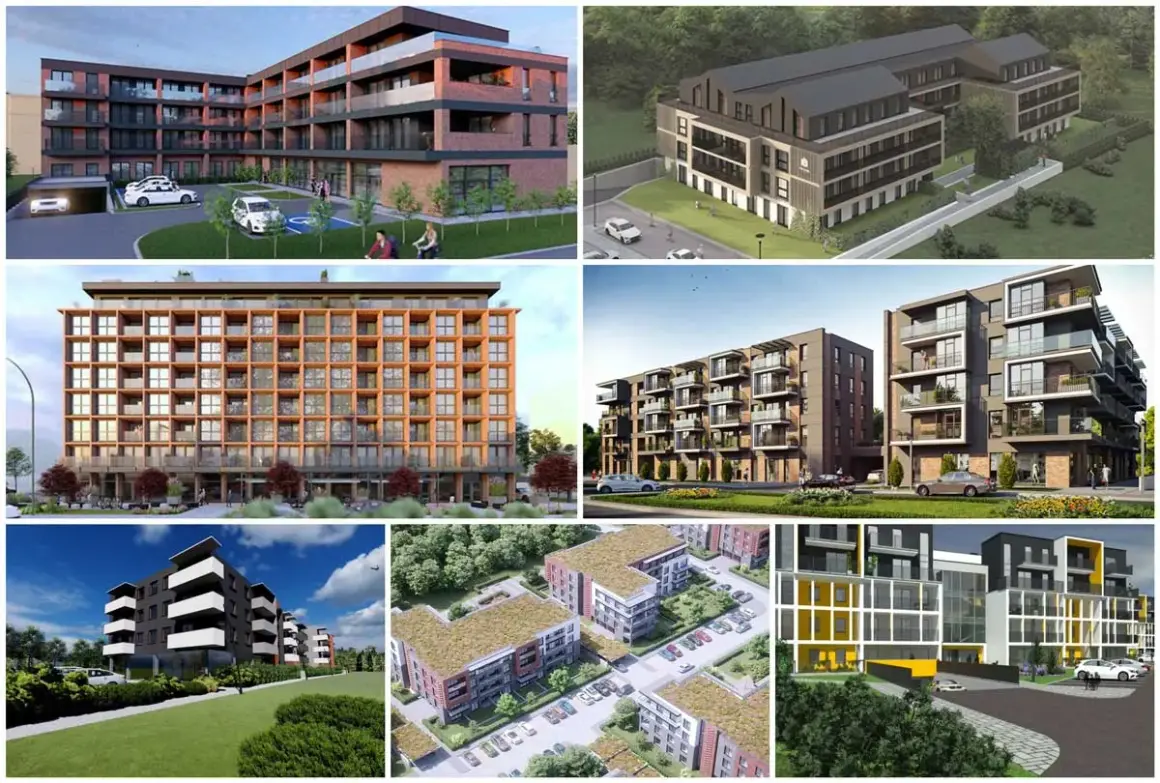 Nowoczesne mieszkania Nowy Sącz w różnych stylach architektonicznych, od ceglanych po drewniane fasady, z balkonami i zielonymi dachami.
