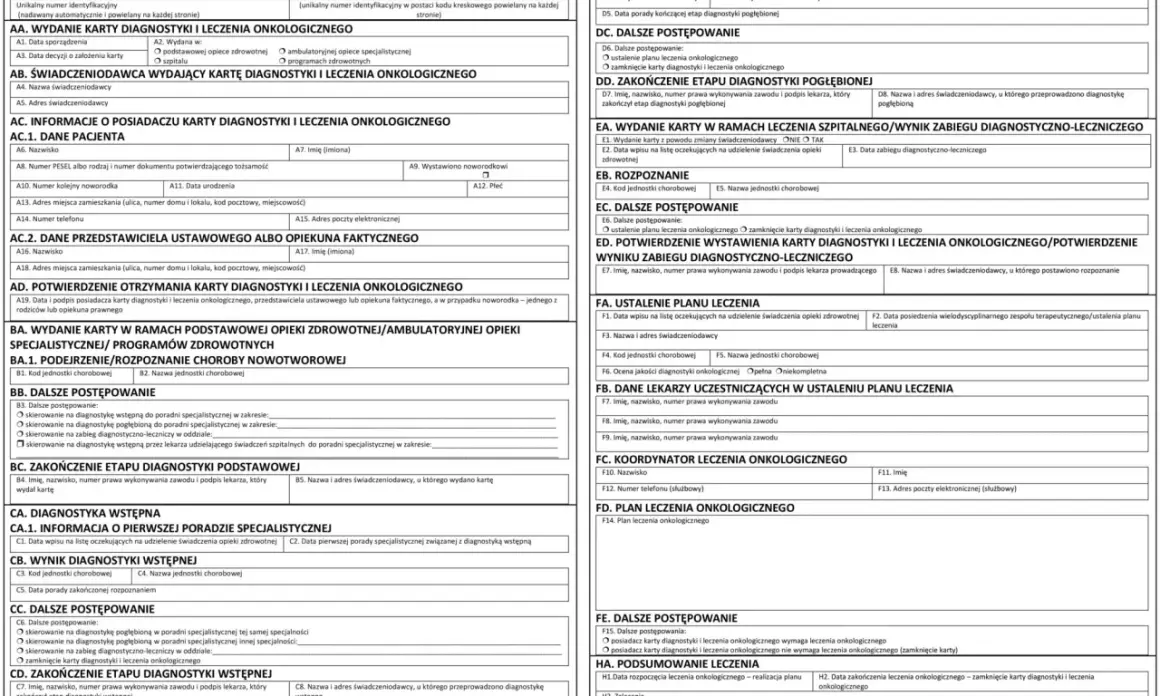 Karta diagnostyki i leczenia onkologicznego, formularz medyczny z polami do wypełnienia.