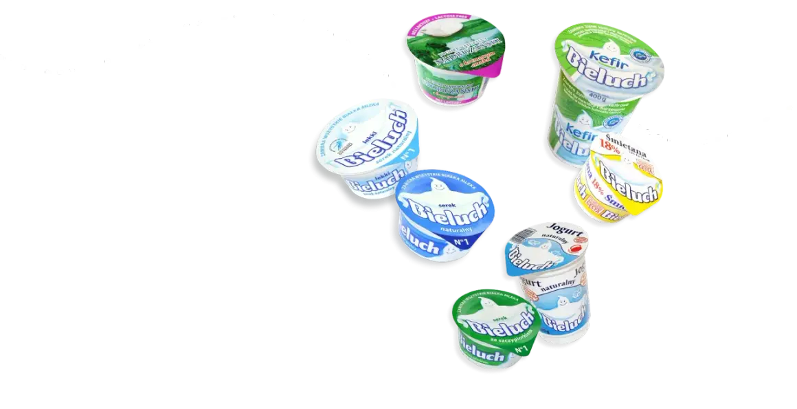 Różne rodzaje serka Bieluch: naturalny, lekki, ze szczypiorkiem, jogurt naturalny, kefir i śmietana 18%.