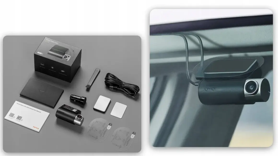 Zestaw 70mai hardwire kit jak podłączyć. Wideorejestrator 70mai A510 zamontowany na szybie, obok akcesoria do montażu.