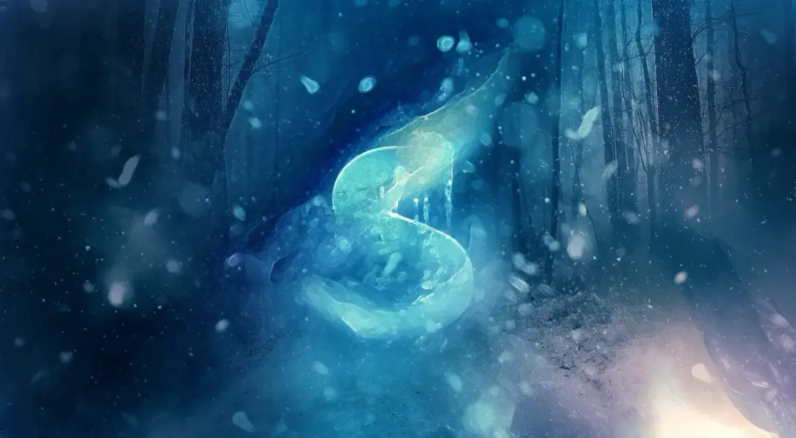 Ethereal blue light forms a glowing 'S' in a snowy forest, a magical scene perfect for photoshop ideas.
